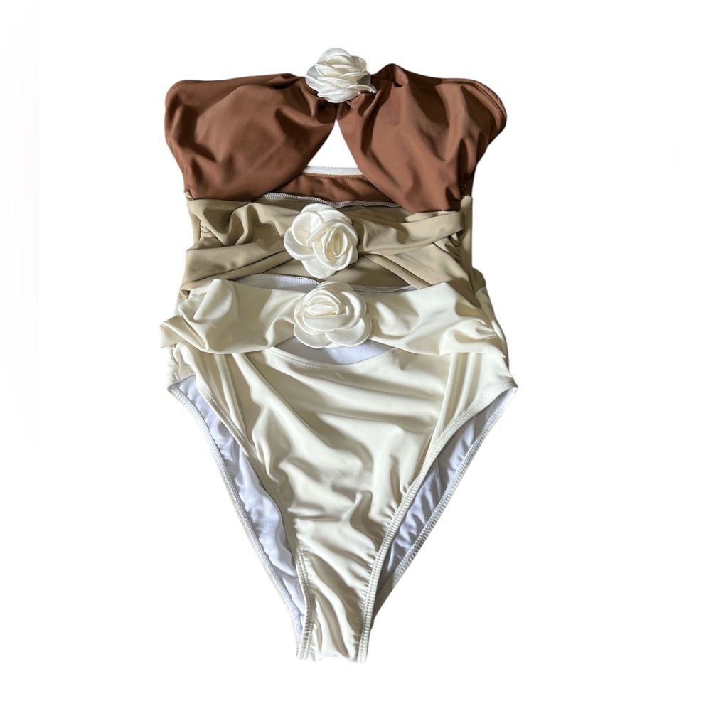 Brown and Cream Lg Strapless Swimsuit EUC - Picture 2 of 5